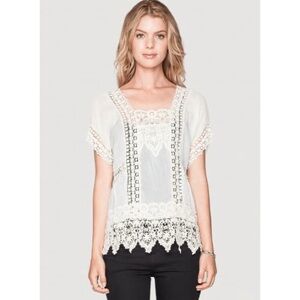 Johnny Was Lacey Insert Boho Scalloped Ivory Flutter Sleeve Top